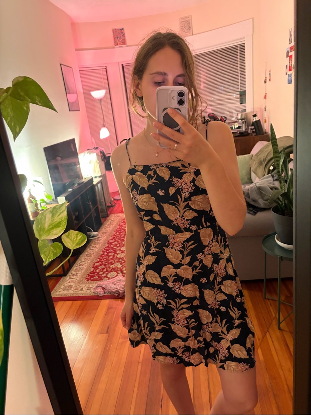 Mango Navy Floral Mini Dress with Beige Accents